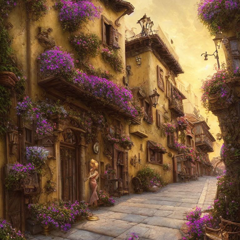 Historic cobblestone street with flower-covered buildings in warm sunlight