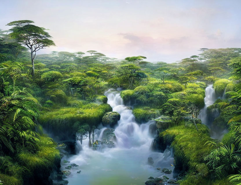 Tranquil landscape with lush greenery, waterfalls, and misty pool