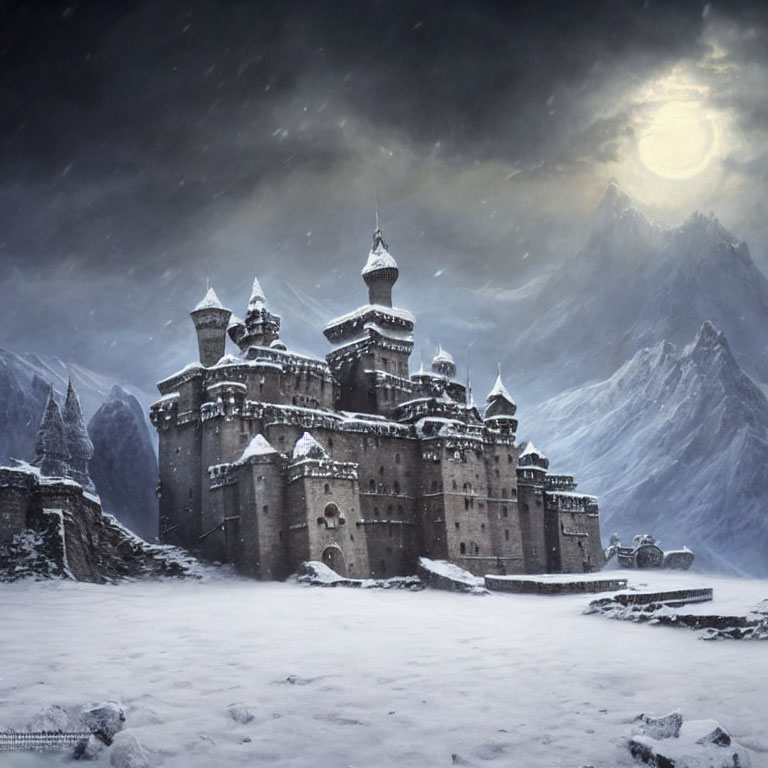 Majestic castle with towers in snowy mountain landscape