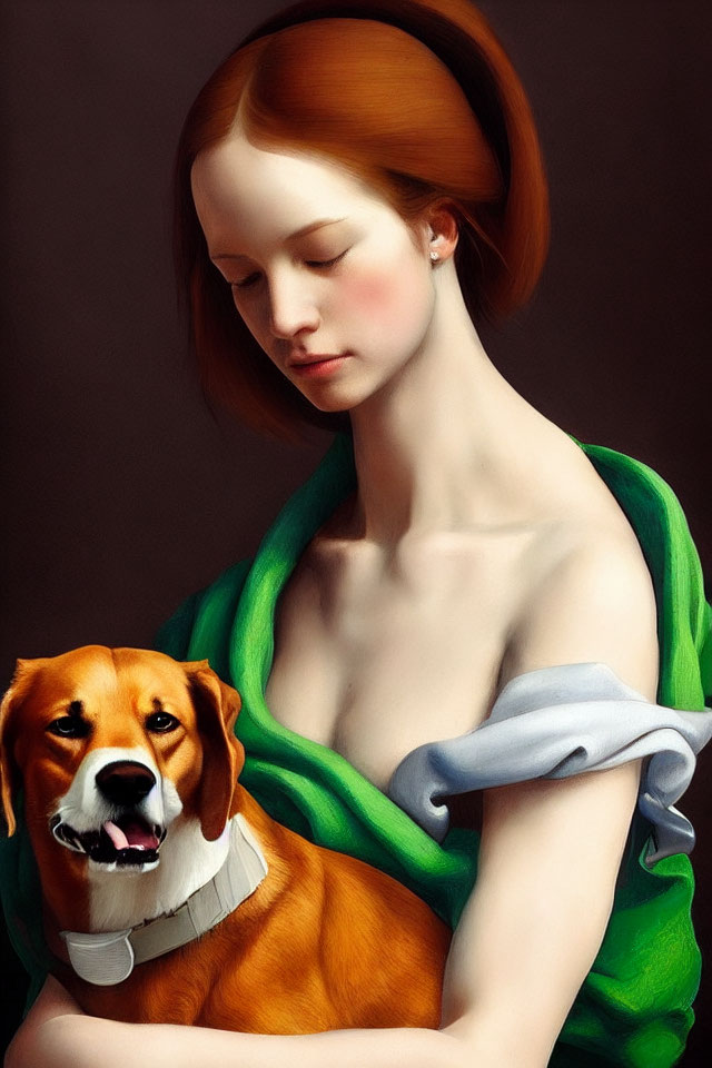 Auburn-haired woman with beagle in green shawl on dark background