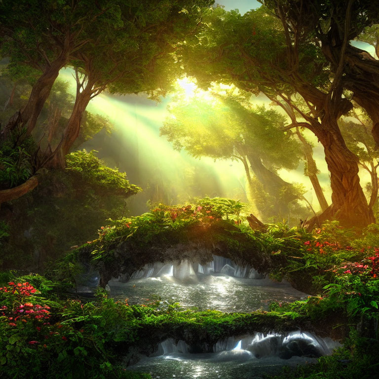 Misty Green Forest with Waterfalls and Red Flowers