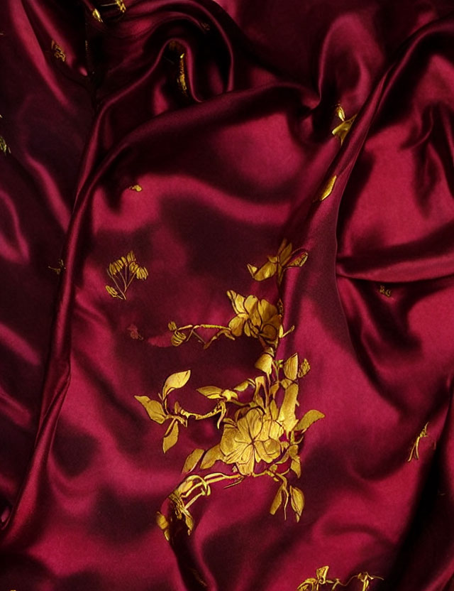 Burgundy Silk Fabric with Golden Floral Patterns