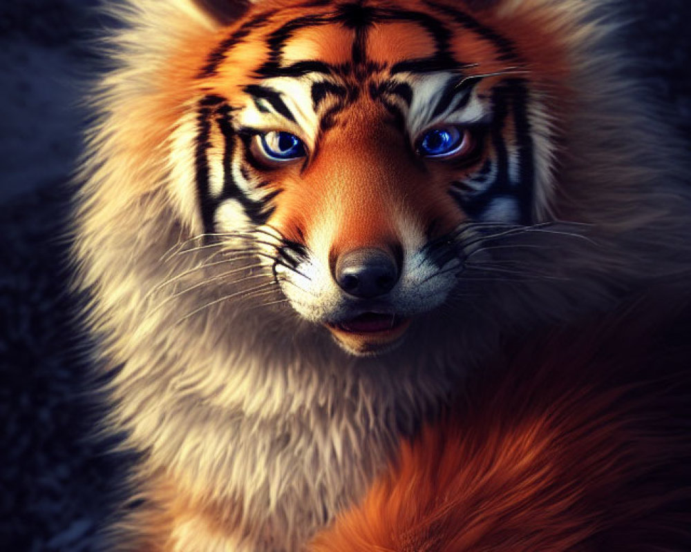 Digital Art: Tiger-faced Creature with Fox Body in Winter Scene