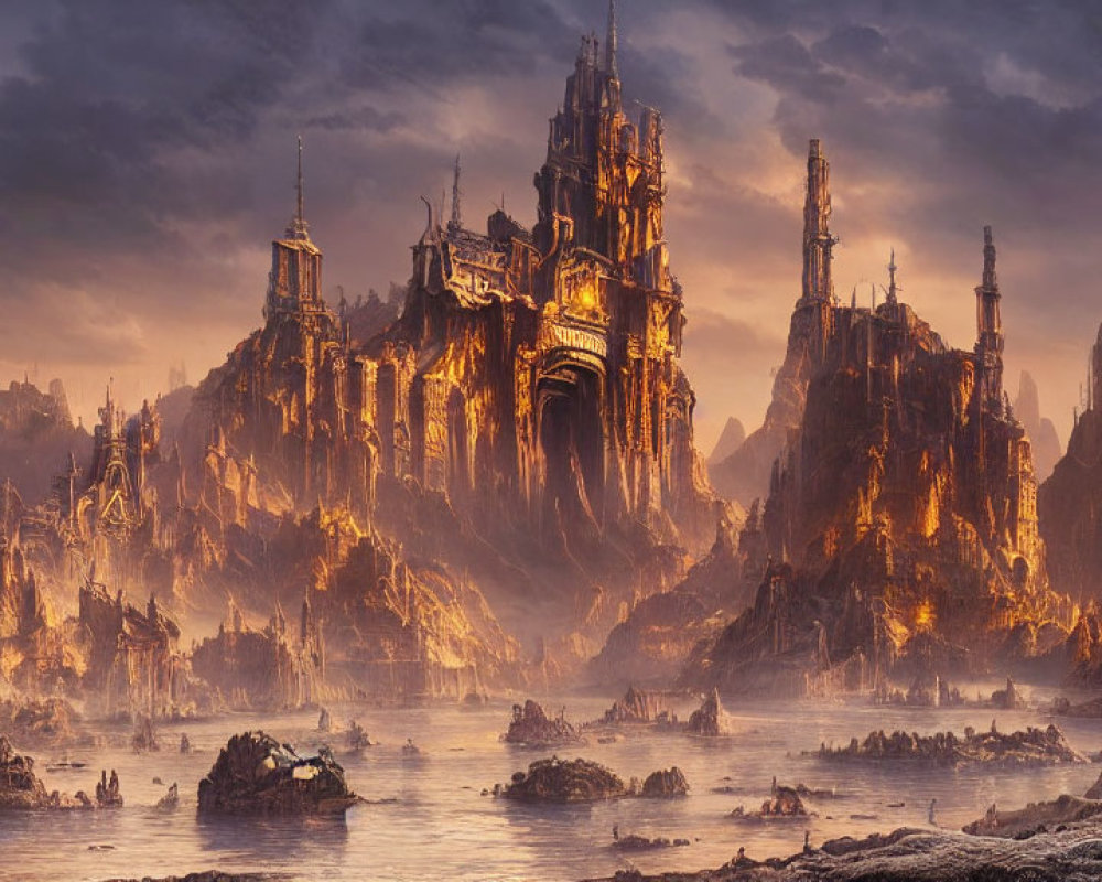 Fantasy landscape with gothic spires in misty waters.