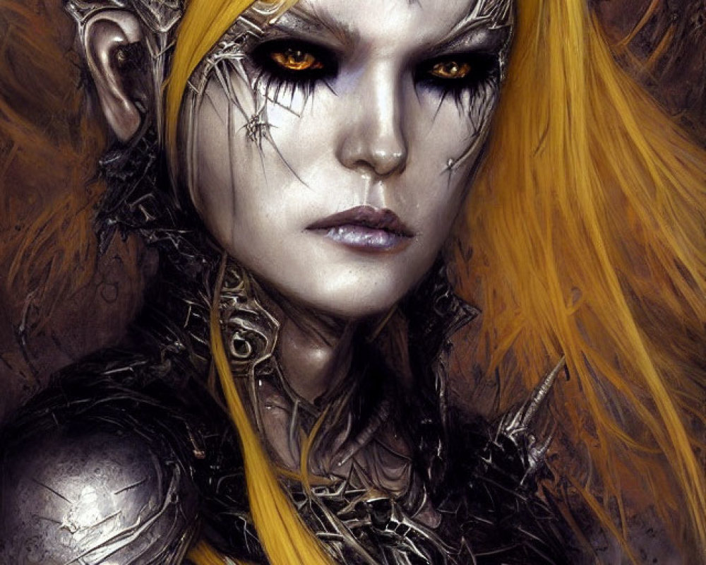 Fantasy character with yellow hair and silver armor.