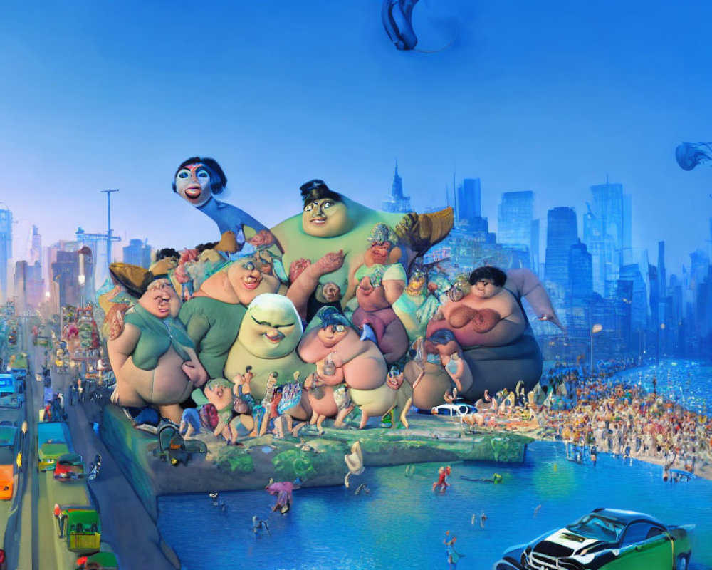 Vibrant animated scene: diverse characters lounging on city overpass