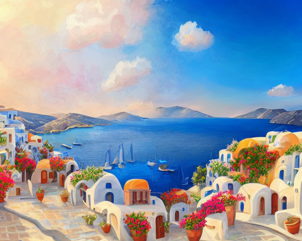 Picturesque coastal village painting with white buildings, blue domes, and serene waters