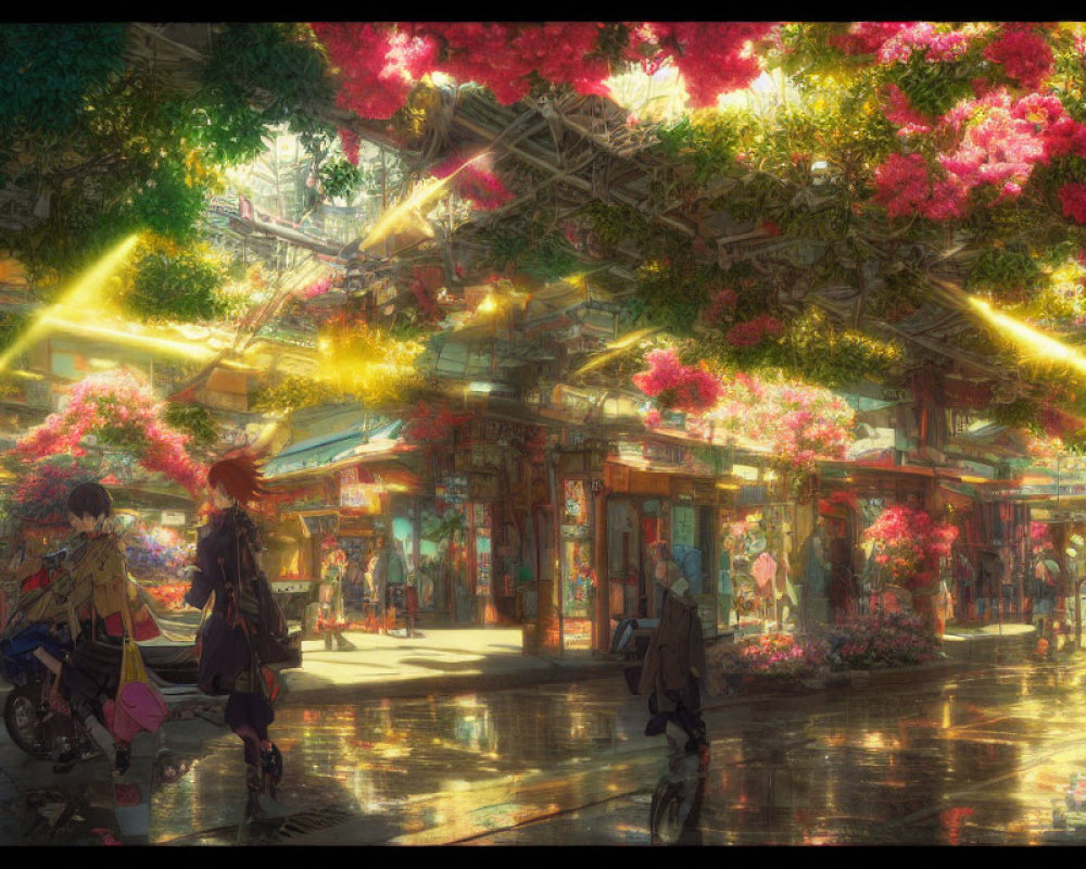 Vibrant street scene with hanging flowers under glass ceiling