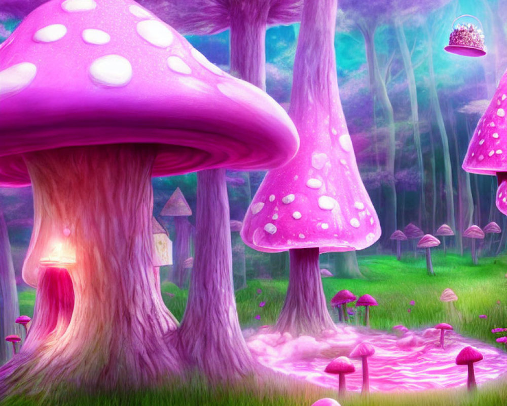 Colorful fantasy landscape with oversized pink mushrooms and whimsical forest background.