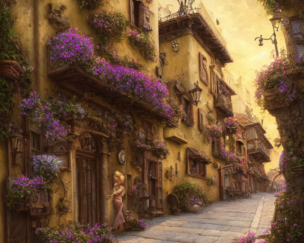 Historic cobblestone street with flower-covered buildings in warm sunlight