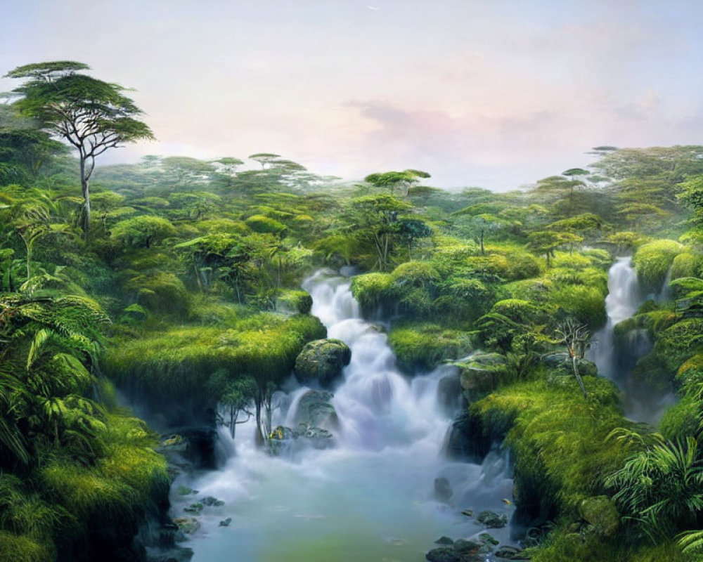 Tranquil landscape with lush greenery, waterfalls, and misty pool