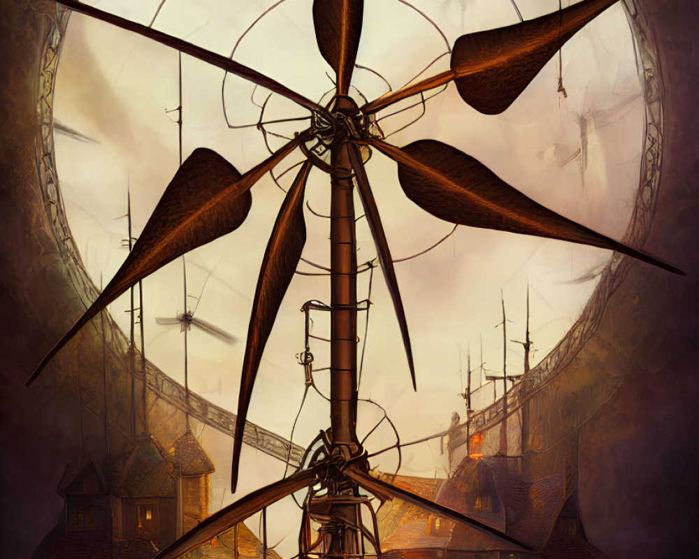 Steampunk-inspired windmill in old-fashioned village at dusk