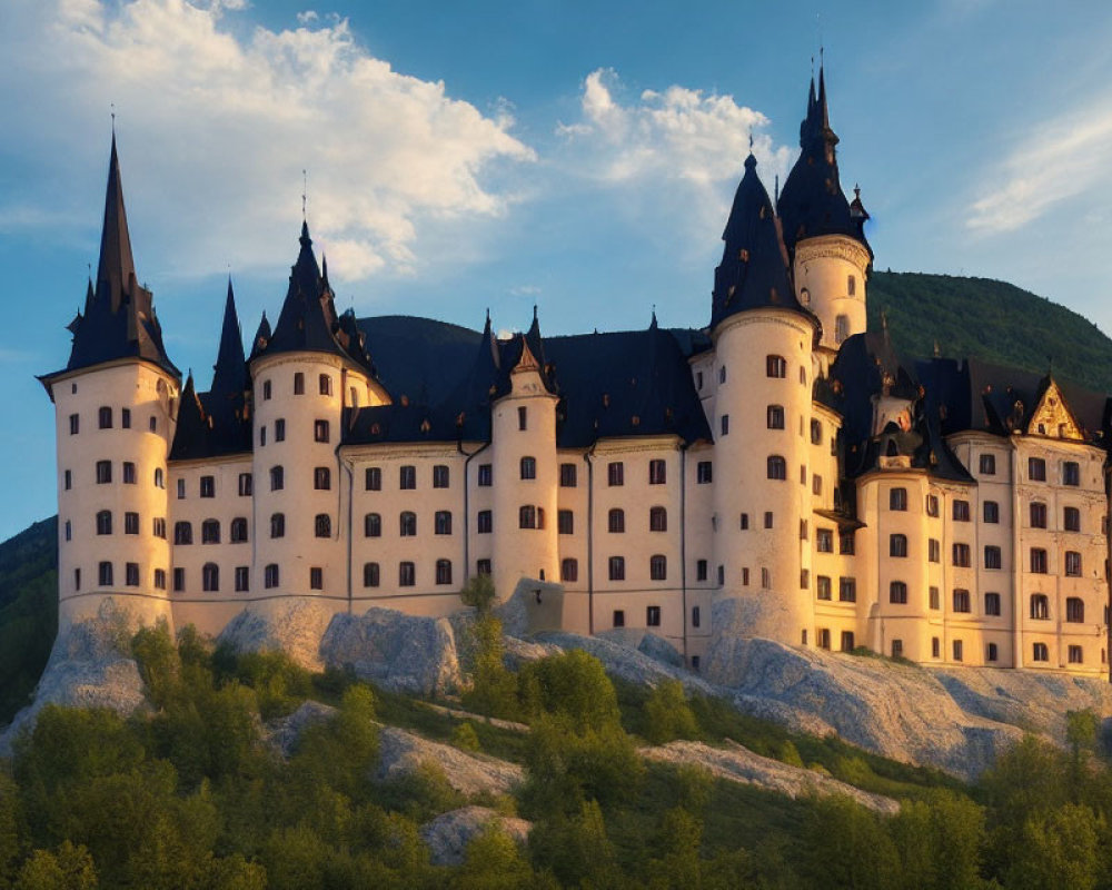 Majestic castle with spires and turrets on hill at sunset