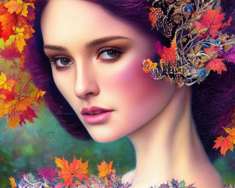 Woman with Autumn Leaves and Flowers in Hair on Vibrant Background