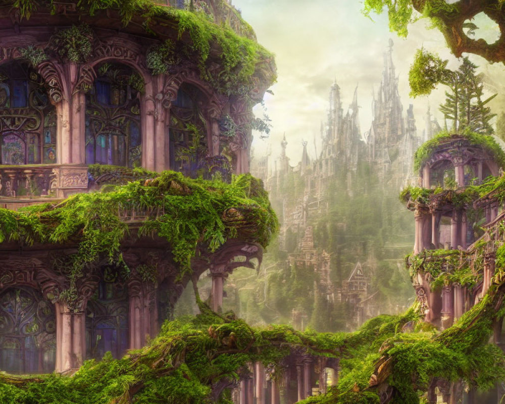 Mystical forest with ancient ivy-covered buildings and interconnected tree branches