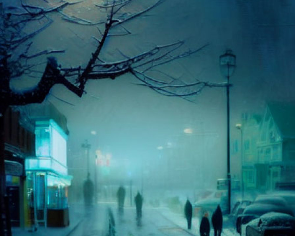 Snowy Evening Scene with Silhouetted Figures and Neon Lights