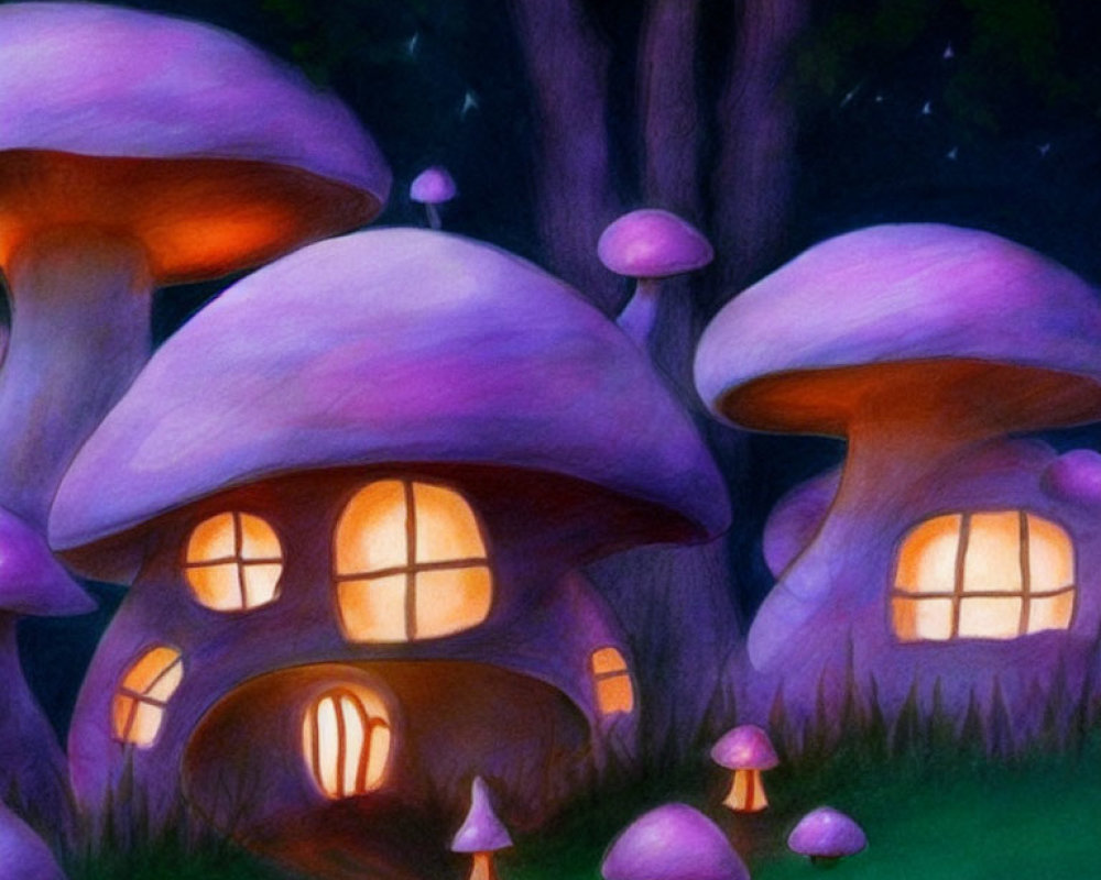 Illustration of purple mushroom houses in enchanted forest