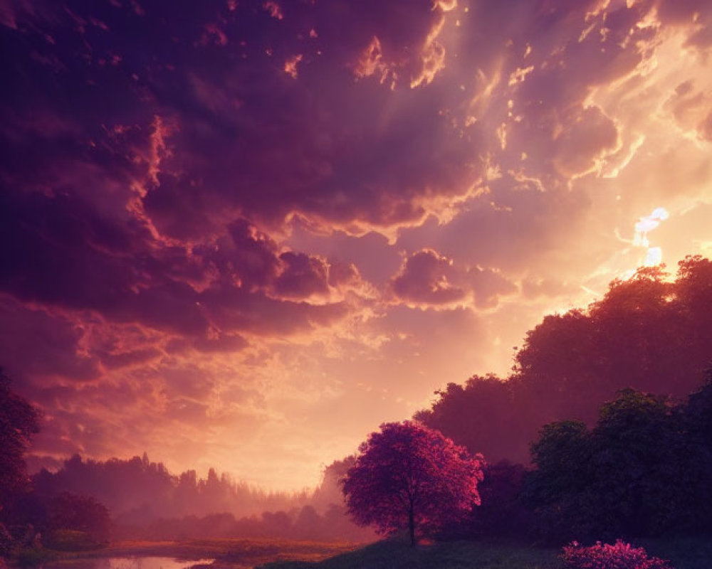 Tranquil Sunset Landscape with Pink Blooms, River, and Purple Clouds