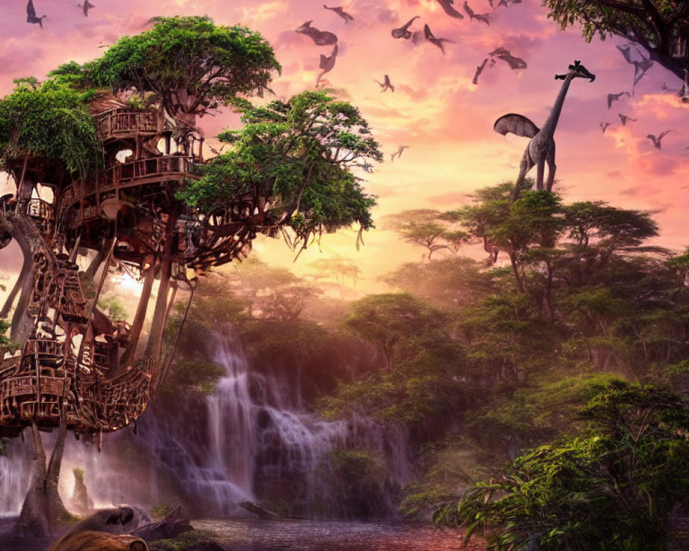 Fantasy landscape with waterfalls, dinosaur, birds, treehouse, hippopotamus in pink sunset