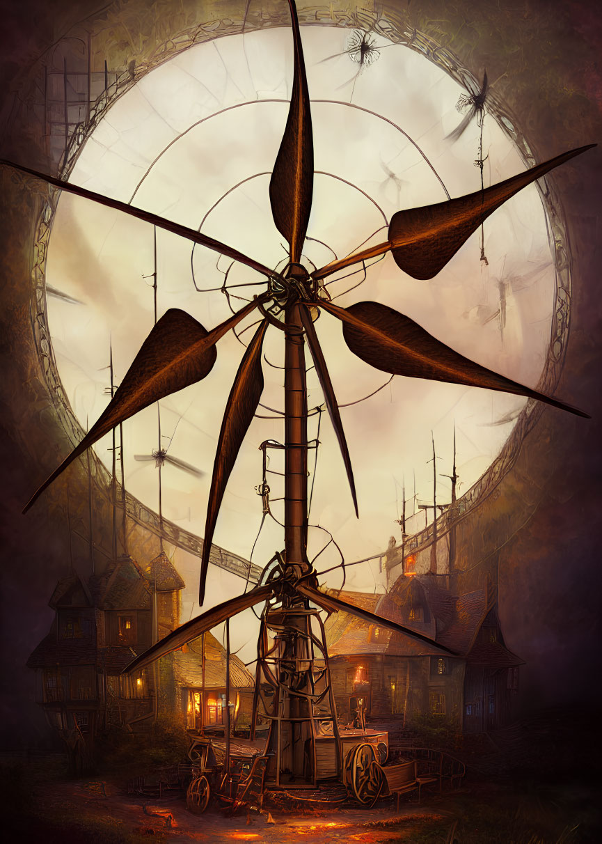 Steampunk-inspired windmill in old-fashioned village at dusk