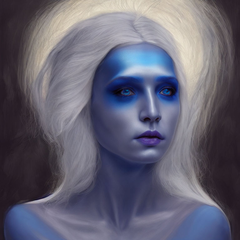 Woman with White Hair and Blue Skin Portrait on Dark Background