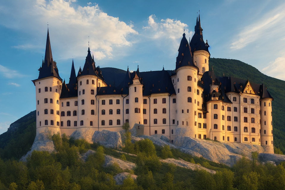 Majestic castle with spires and turrets on hill at sunset