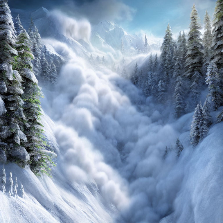 Snow-covered trees and mountain in foggy winter landscape