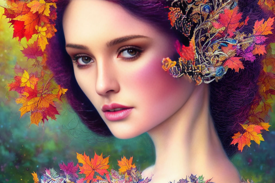 Woman with Autumn Leaves and Flowers in Hair on Vibrant Background