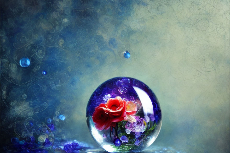 Vibrant red rose in crystal ball with purple and blue hues on textured background