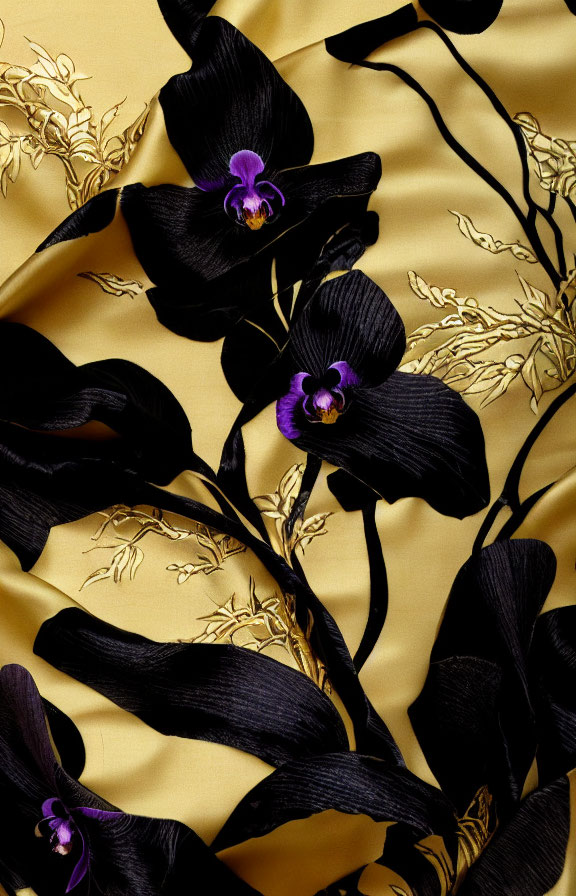 Luxurious Black Orchids with Purple Centers on Yellow Fabric