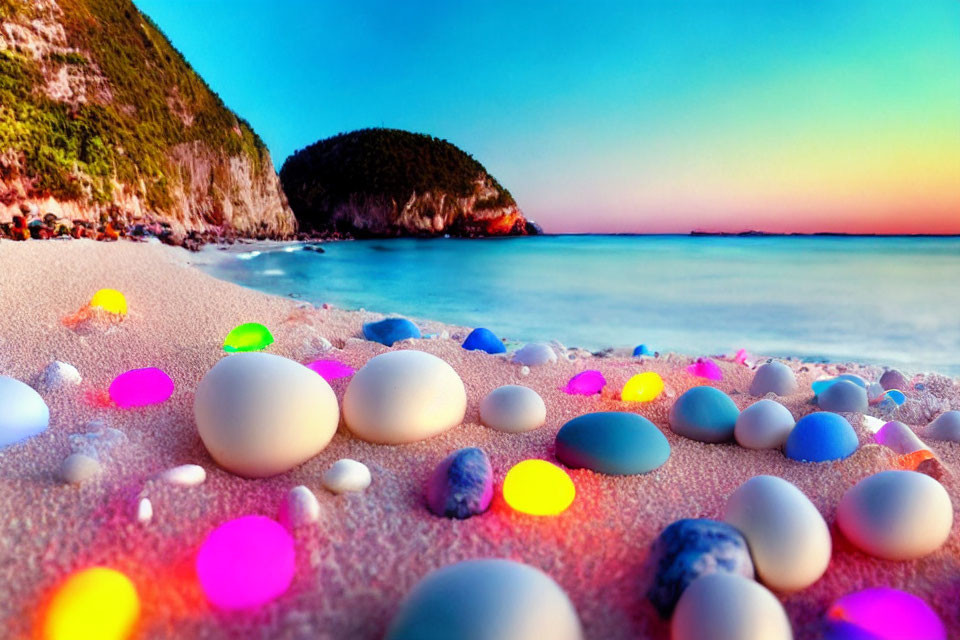 Colorful Glowing Orbs on Beach at Sunset