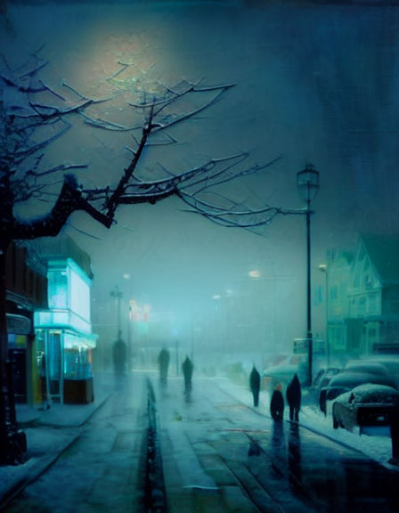 Snowy Evening Scene with Silhouetted Figures and Neon Lights