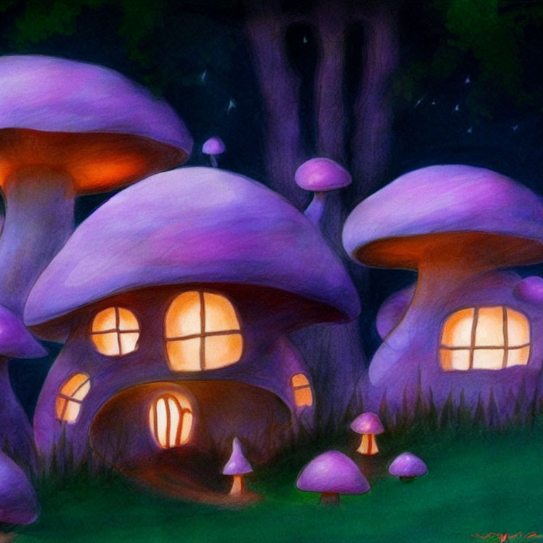 Illustration of purple mushroom houses in enchanted forest