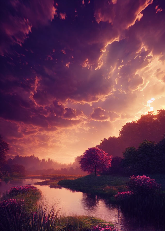 Tranquil Sunset Landscape with Pink Blooms, River, and Purple Clouds