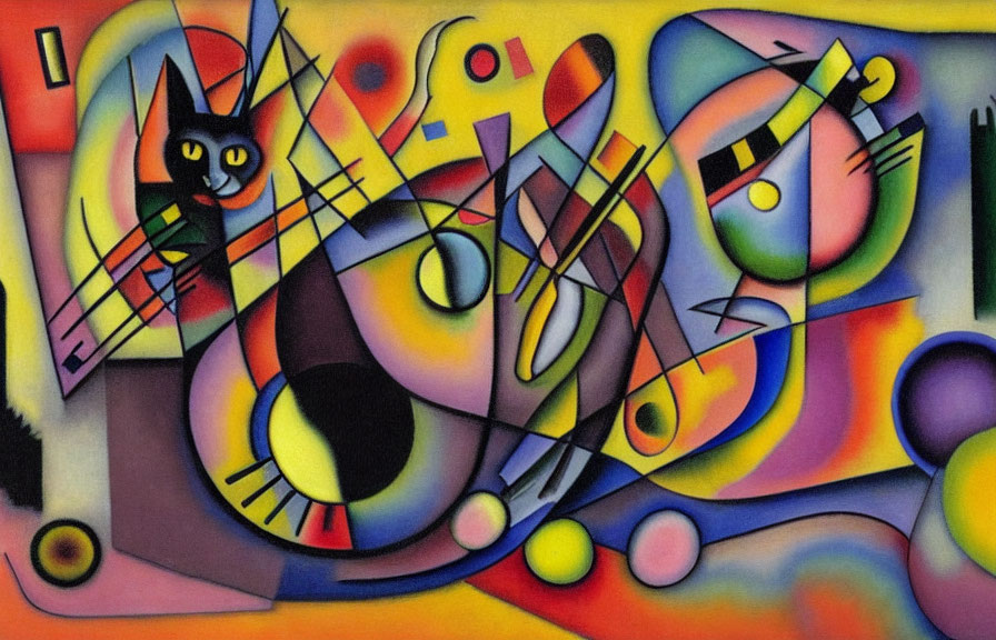 Colorful Abstract Painting Featuring Geometric Shapes and Black Cat