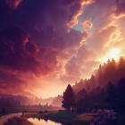 Tranquil Sunset Landscape with Pink Blooms, River, and Purple Clouds