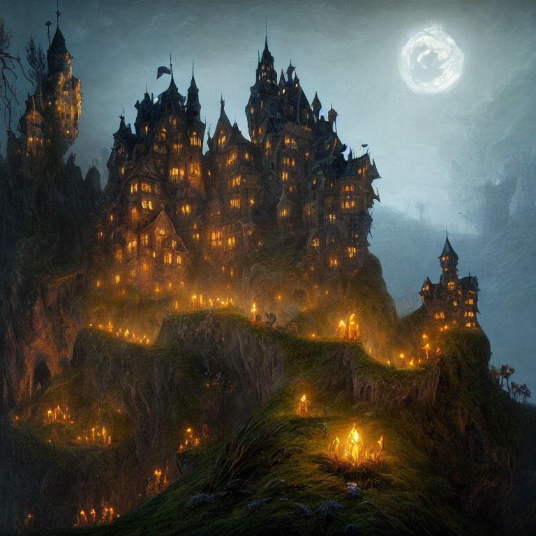 Eerie multi-towered castle on craggy hill under moonlit sky