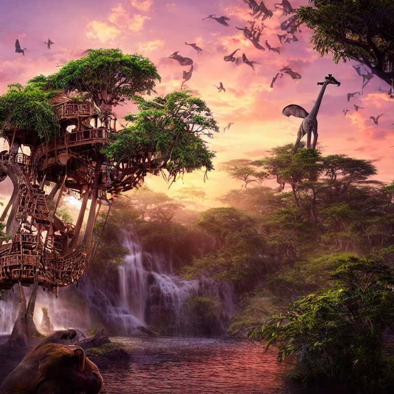 Fantasy landscape with waterfalls, dinosaur, birds, treehouse, hippopotamus in pink sunset