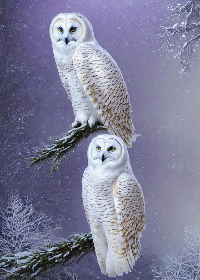 Snowy owls perched on branch in twilight with snowflakes and frost.