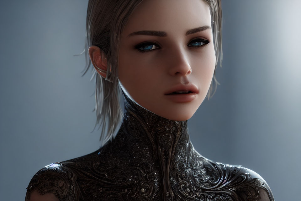 Portrait of woman in short hair and ornate metallic armor with blue eyes