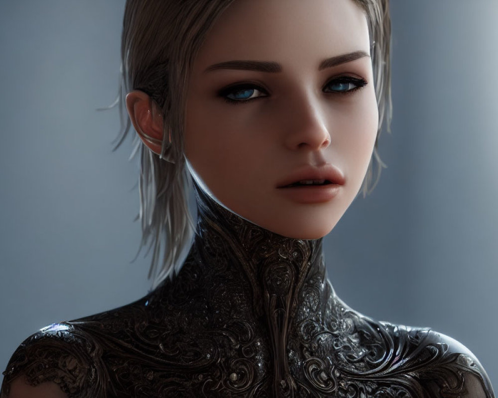 Portrait of woman in short hair and ornate metallic armor with blue eyes