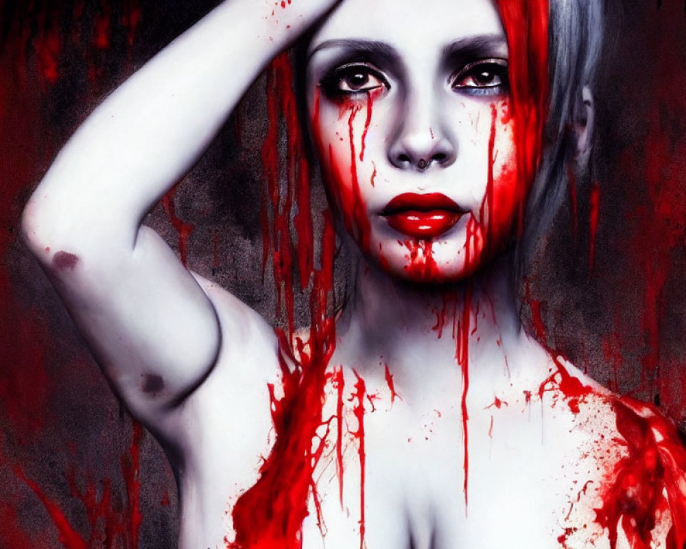 Woman with pale skin and red dripping paint makeup on dark textured background