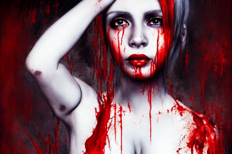 Woman with pale skin and red dripping paint makeup on dark textured background