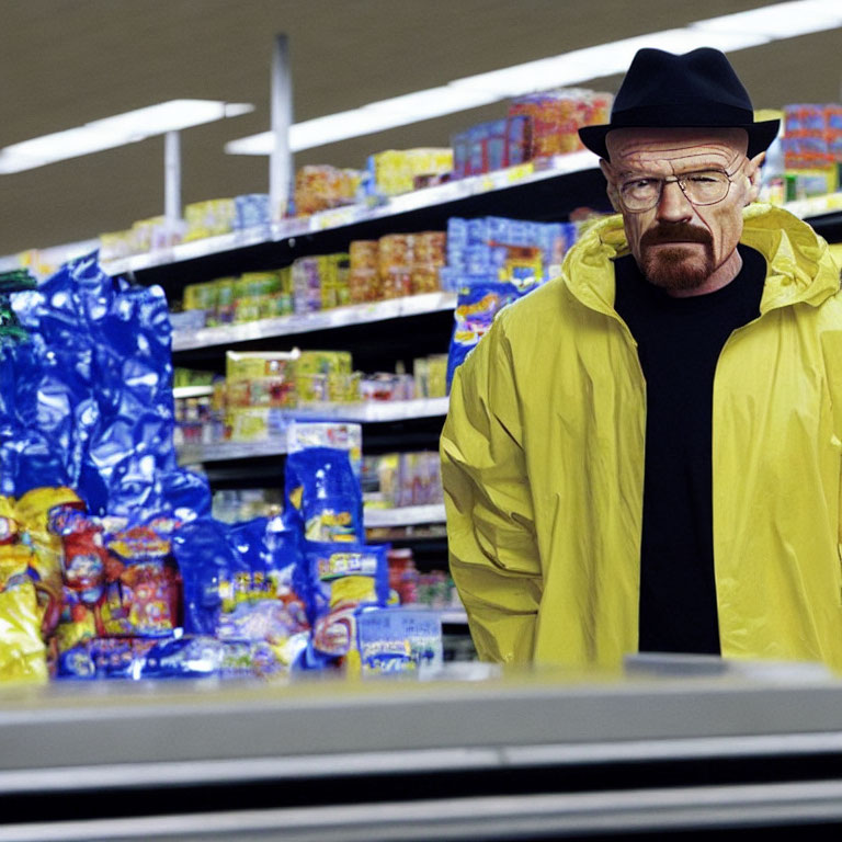 Man in Yellow Jacket and Glasses in Supermarket Aisle with Snacks and Cereal