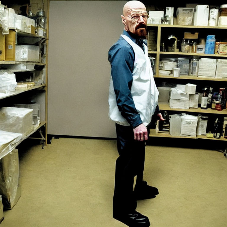 Man in glasses in storeroom surrounded by boxes and supplies