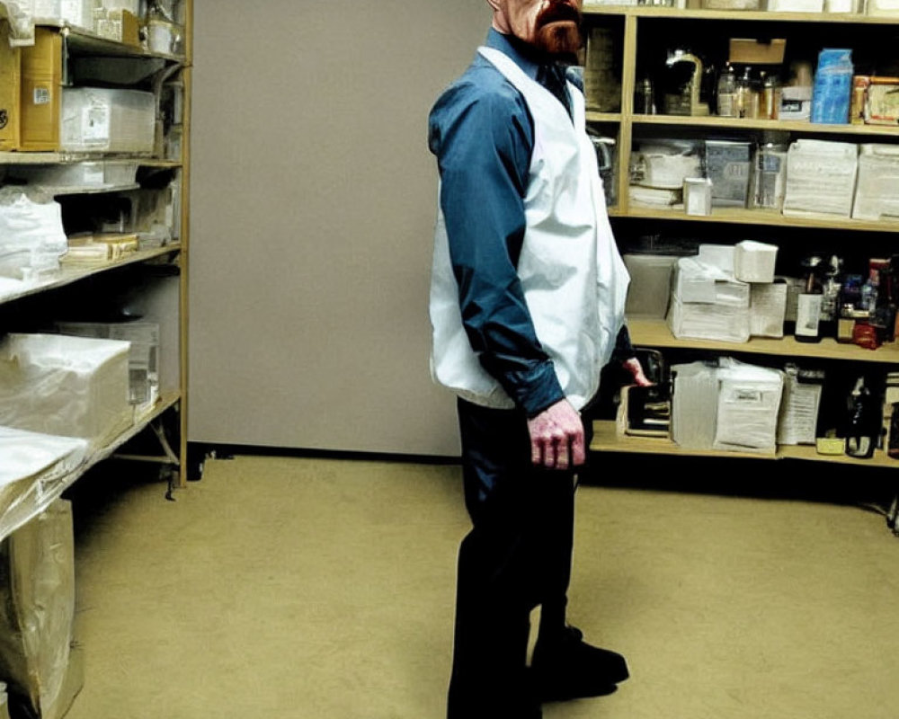 Man in glasses in storeroom surrounded by boxes and supplies