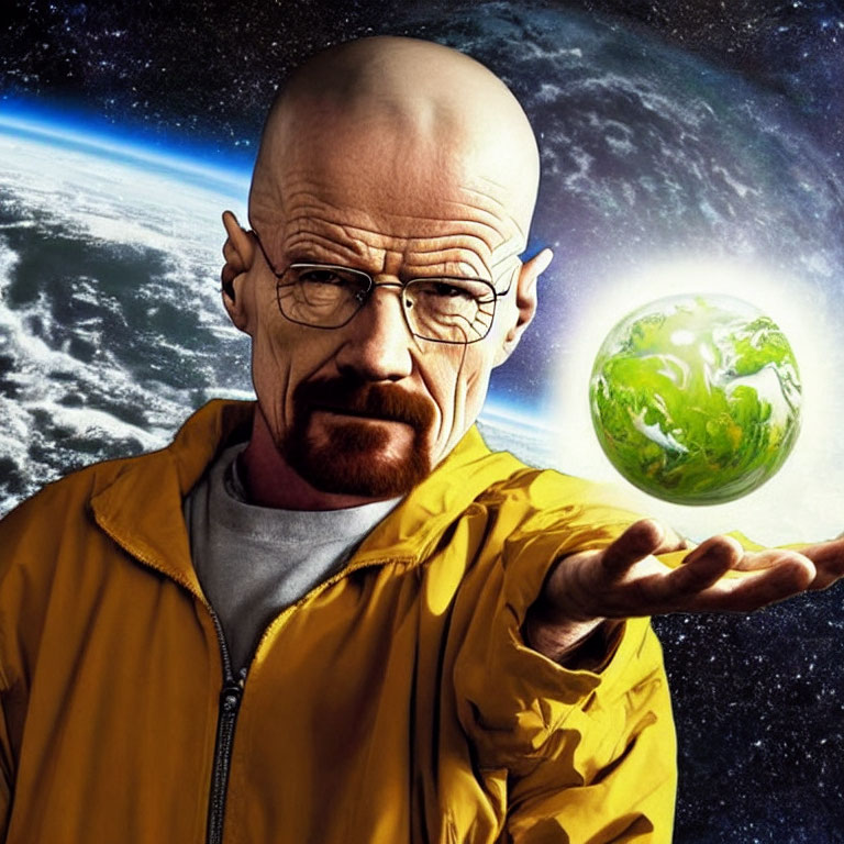 Man in Yellow Jacket with Goatee and Glasses Against Space Backdrop