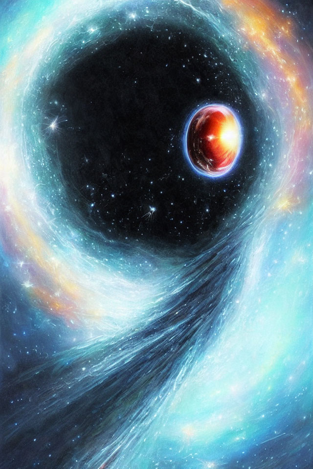 Colorful depiction of a black hole absorbing matter from a celestial body