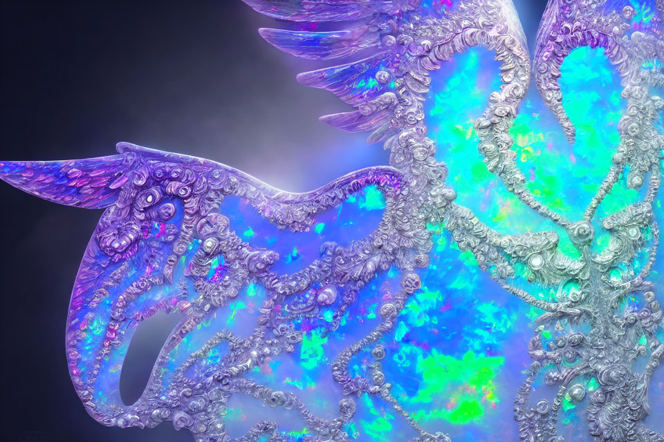 Colorful abstract art with iridescent feather and wing-like structures in blues, purples,