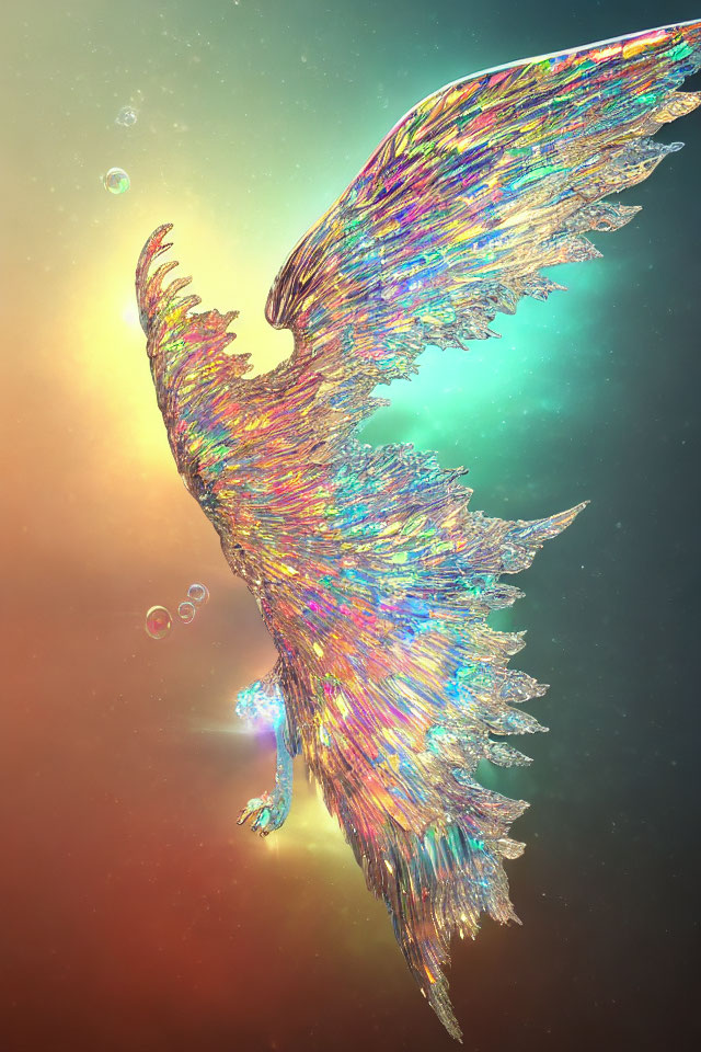 Iridescent phoenix with shimmering wings against warm backdrop